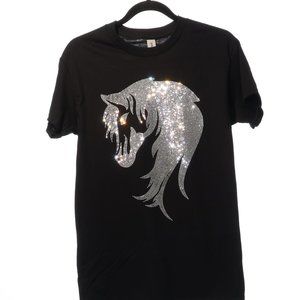 High Quality Stallion Horse Rhinestone Bling Bling Short Sleeve T-shirt